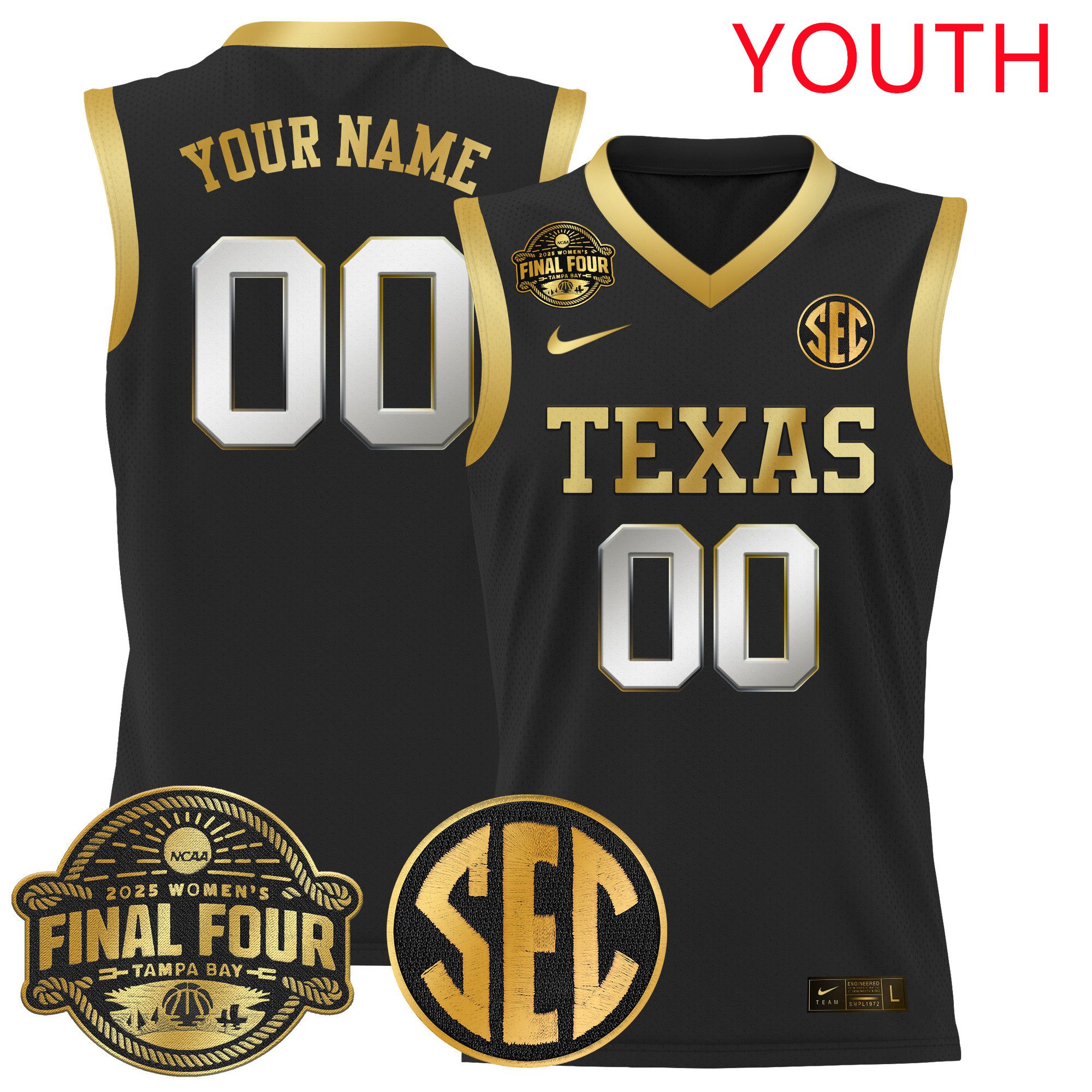 Youth Texas Longhorns Black 2025 Nike Final Four Patch Lightweight Basketball Custom NCAA Jerseys